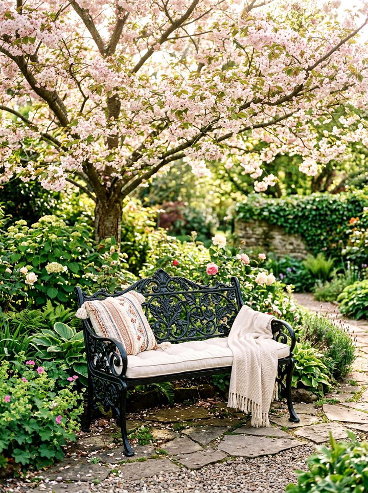 Wrought Iron Bench - 25 backyard decorating ideas with boho accents