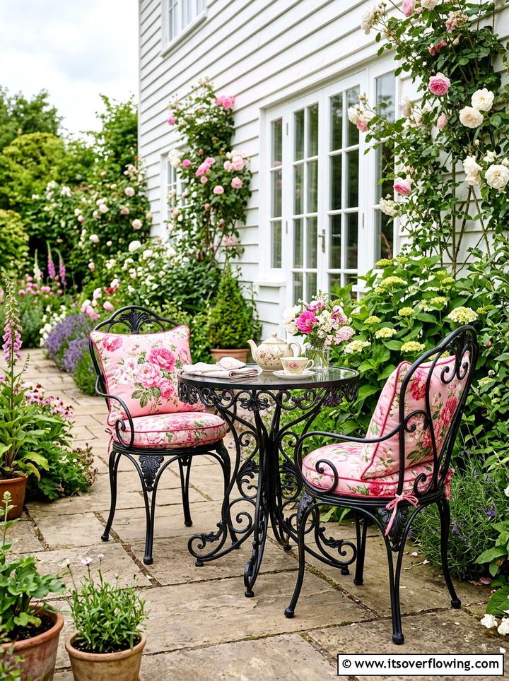 Wrought Iron Bistro Set With Floral Pillows - 25 front porch ideas with bistro set