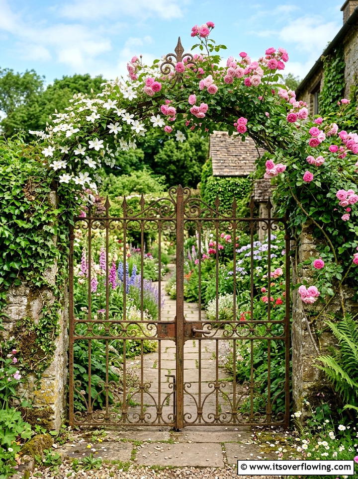 Wrought Iron Gate - 25 backyard ideas with cottage garden