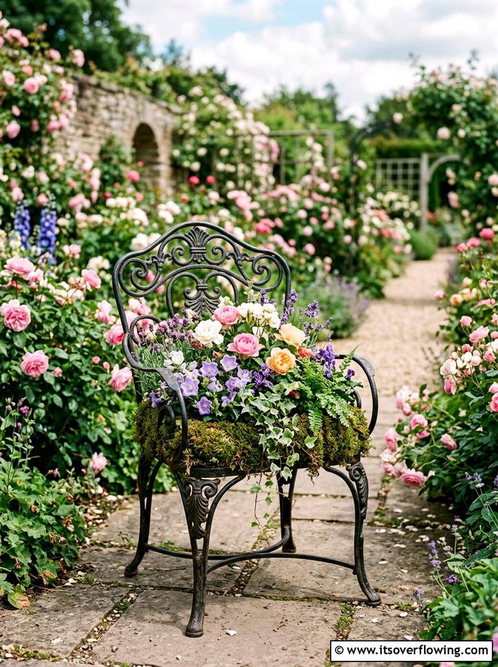 Wrought iron chair planter - 25 upcycled garden ideas with watering stations