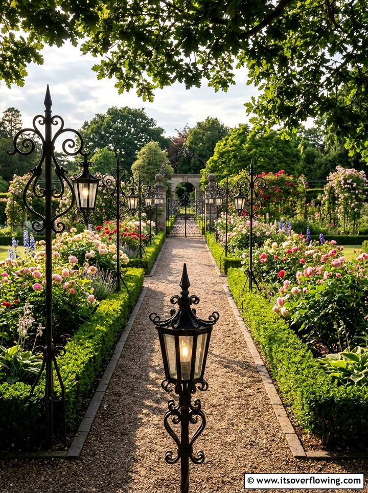 Wrought iron decorative path stakes - 25 garden decor ideas with pathway lighting