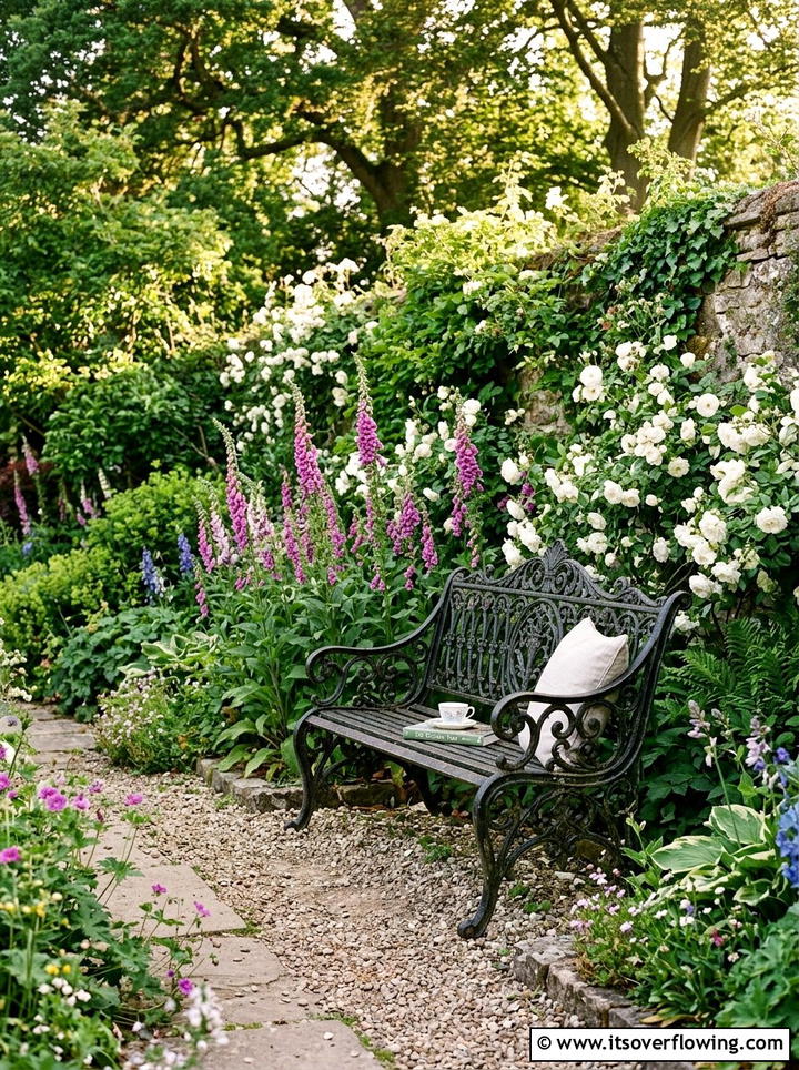 Wrought iron garden bench - 25 garden decor ideas with floral displays