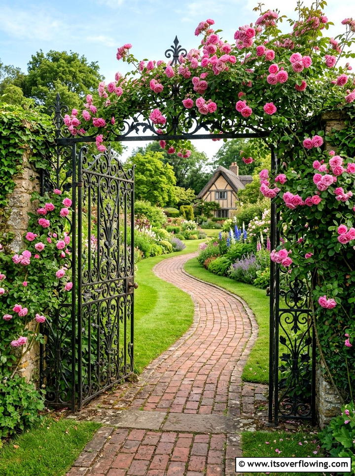 Wrought iron gate with climbing roses - 25 garden decor ideas with gate decorations