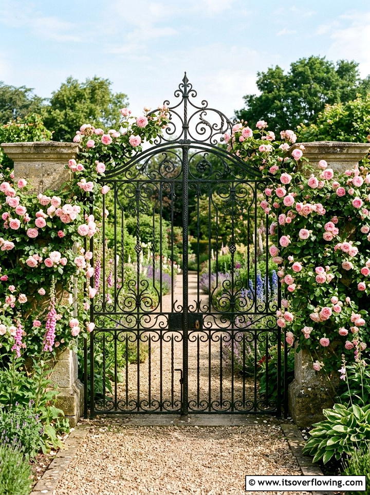 Wrought iron gate - 25 backyard decorating ideas with garden art
