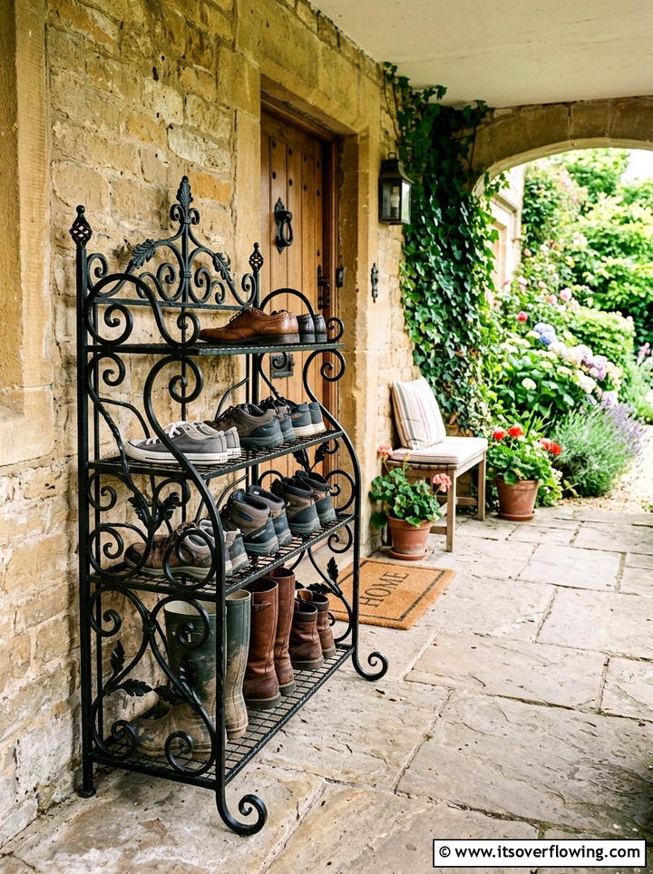 Wrought iron outdoor shoe stand - 25 front porch ideas with shoe storage