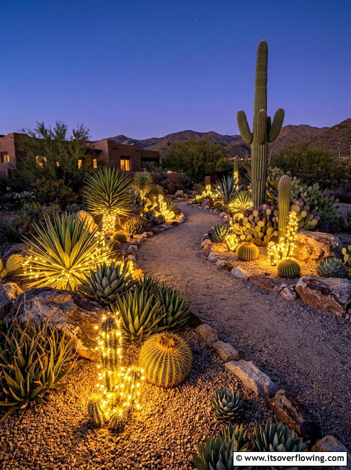 Xeriscape garden with succulent path lights - 25 creative garden ideas with fairy light pathways