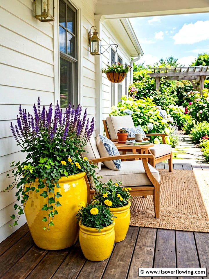 Yellow Bright Glazed Planters - 25 front porch ideas with ceramic pots