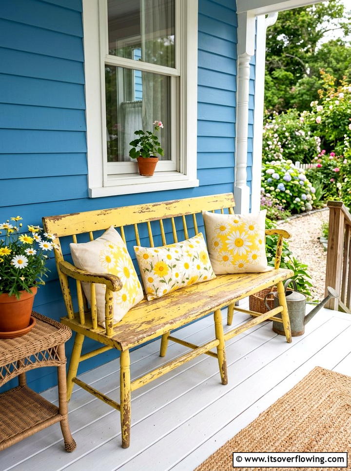 Yellow Distressed Cottage Bench - 25 front porch decor ideas with antique benches
