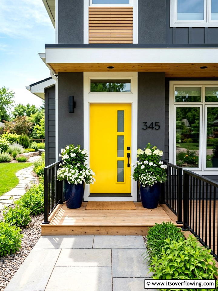 Yellow Front Door - 25 front porch ideas with matching planters