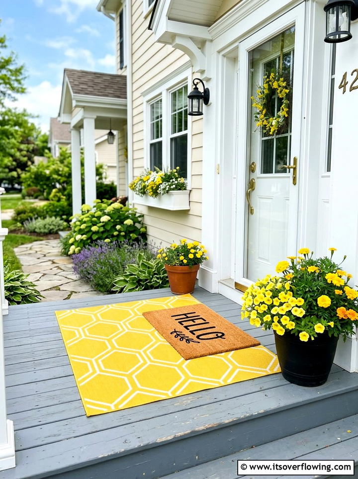 Yellow honeycomb rug with hello mat - 25 front porch decor ideas with layered mats