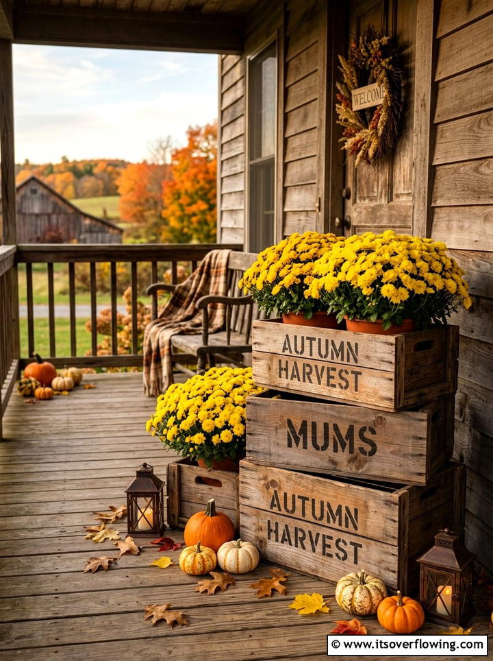 Yellow mums on wooden crates - 25 front porch ideas with mums