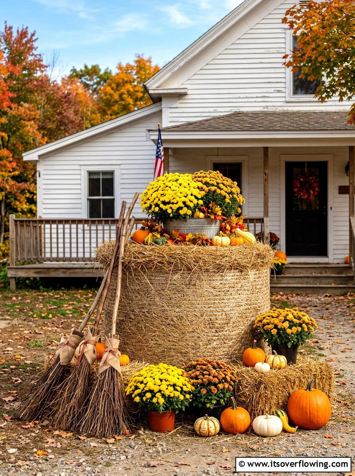 Yellow mums with hay bales - 25 front porch ideas with mums
