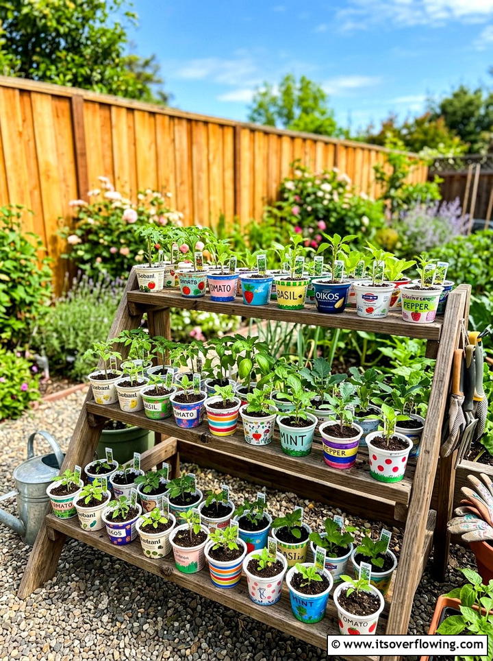 Yogurt Cup Seedling Tray - 25 recycled garden ideas for kids