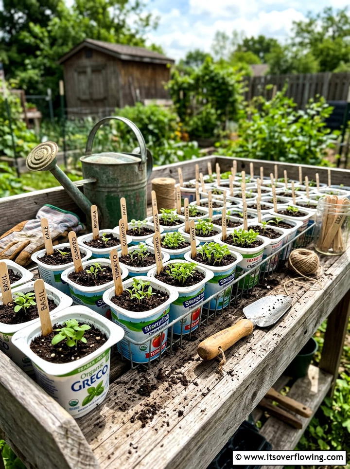 Yogurt cup seed starter - 25 recycled garden ideas with recycled plastic projects