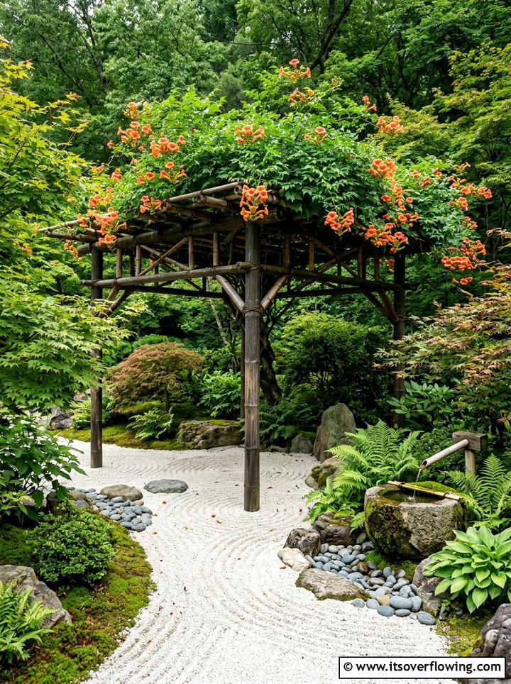 Zen Garden Pergola With Trumpet Vine - 25 garden design ideas with pergola and vines