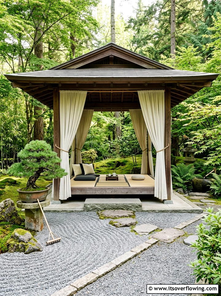 Zen garden pavilion with cream curtains - 25 backyard decorating ideas with outdoor curtains