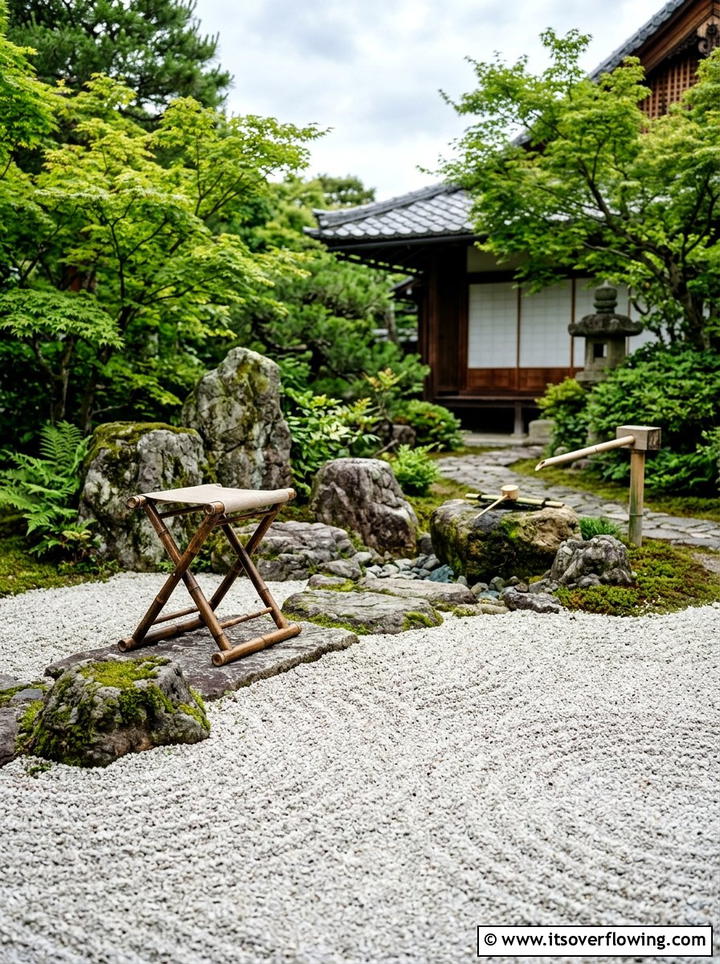 Zen garden with bamboo folding stool - 25 small garden ideas with foldable seating