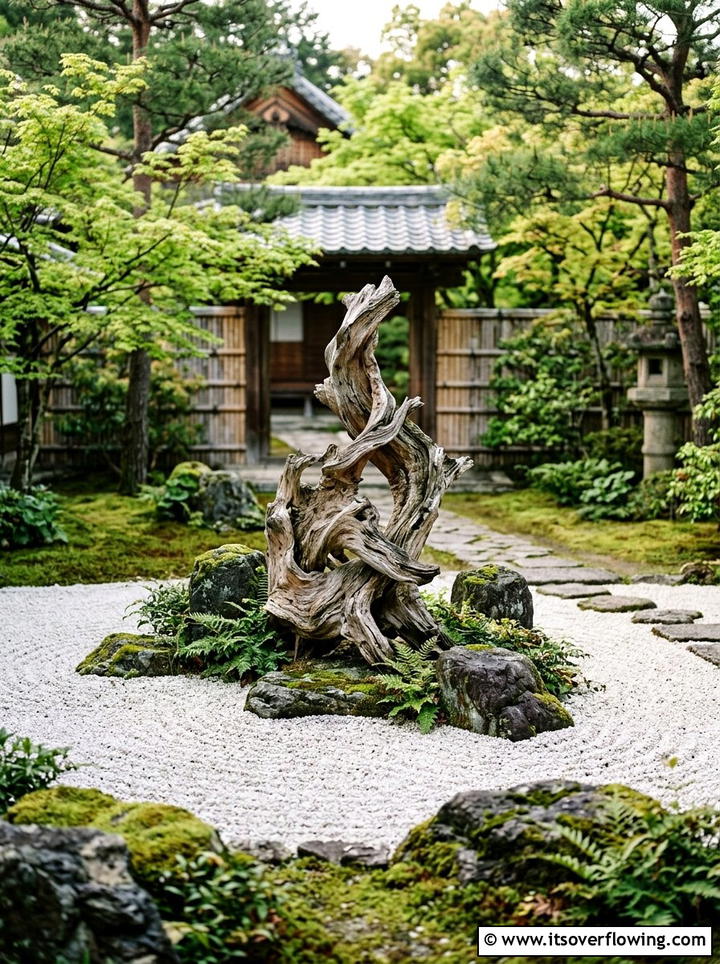 Zen garden with driftwood focal point - 25 garden ideas with driftwood sculptures