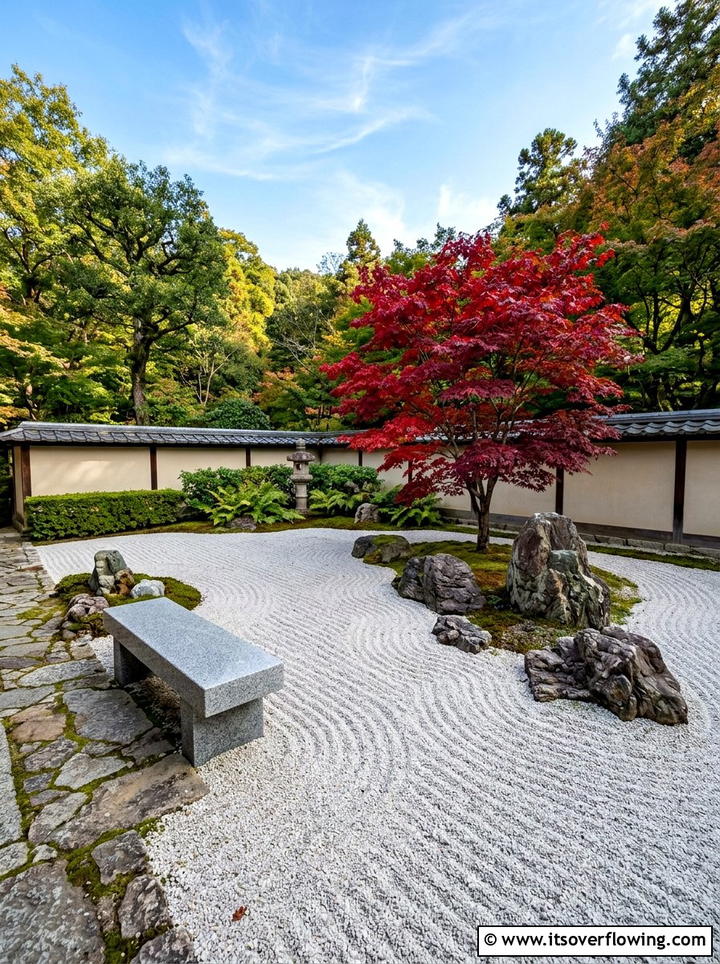 Zen garden with minimalist stone bench - 25 backyard ideas with benches