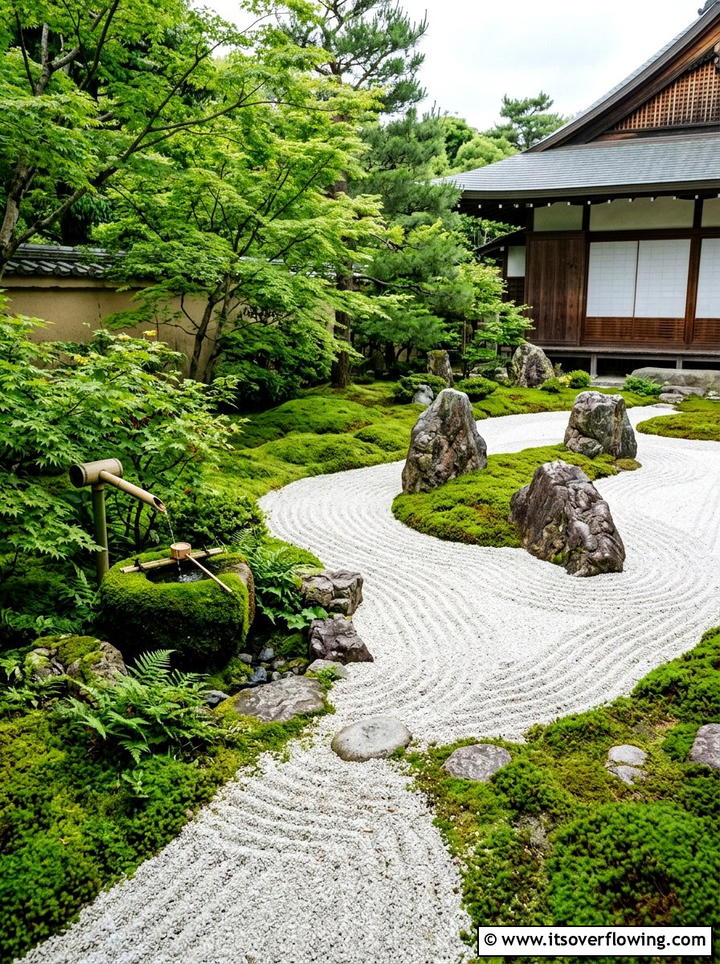 Zen garden with sand and moss - 25 cheap garden ideas with low maintenance plants