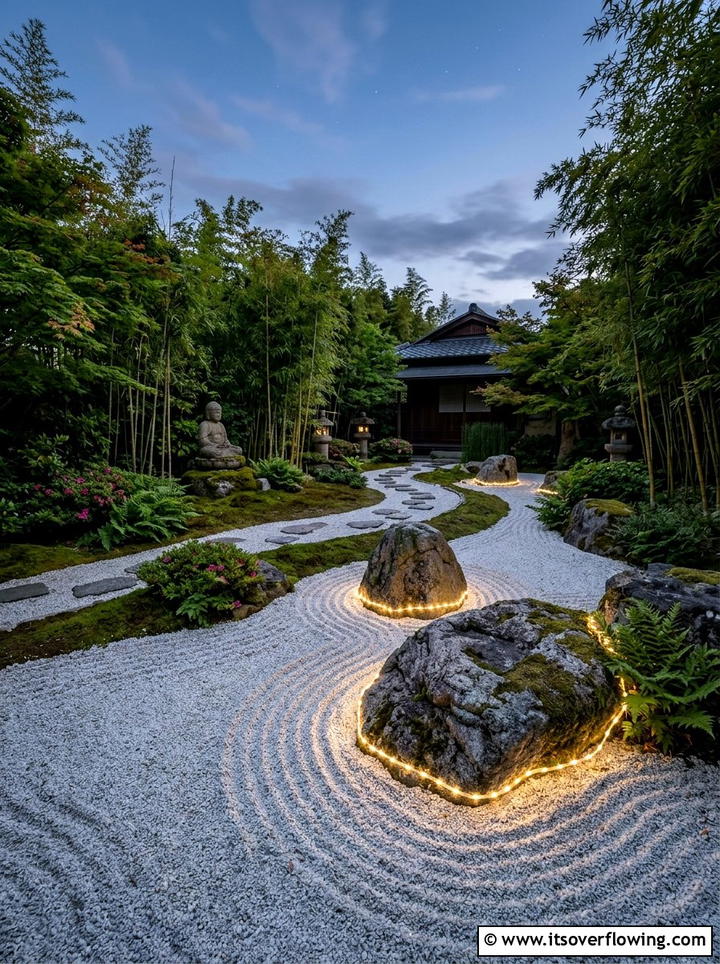 Zen garden with subtle ground lights - 25 creative garden ideas with fairy light pathways
