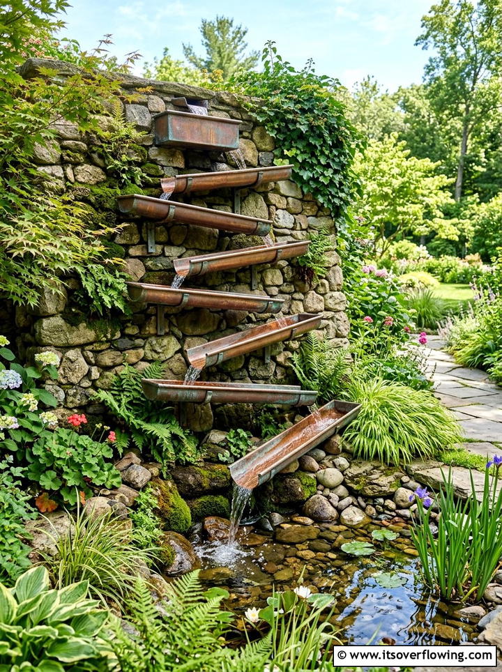 Zig zag water feature - 25 garden ideas with rain gutters