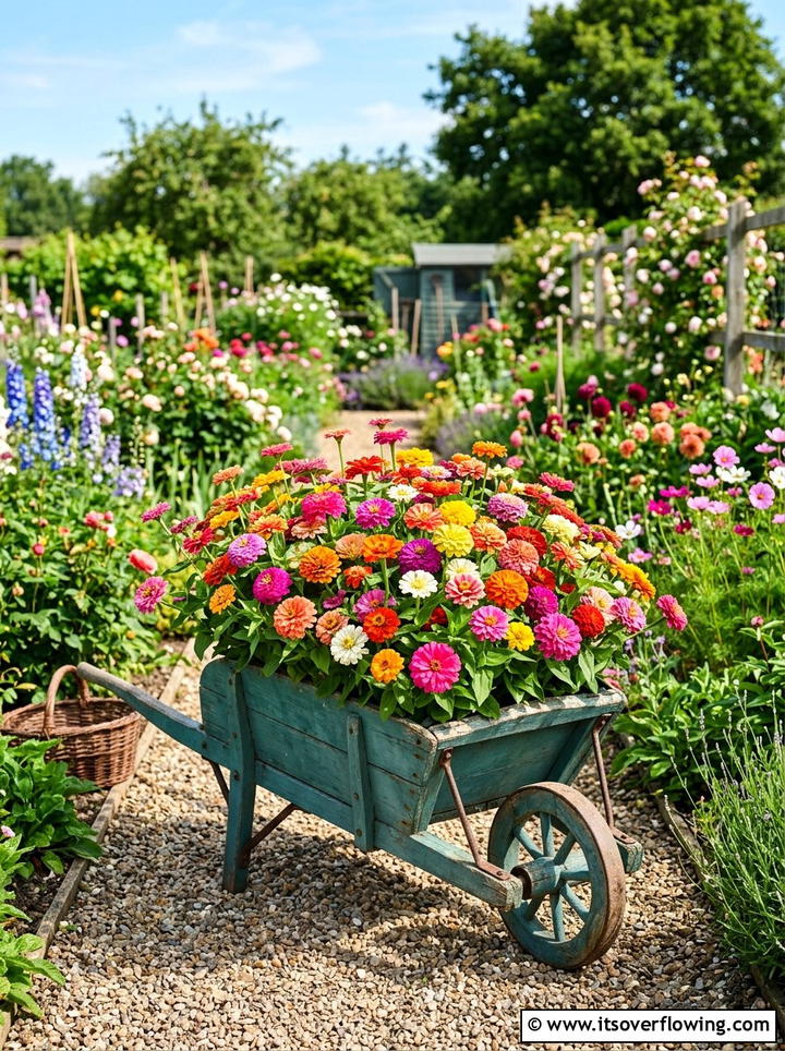 Zinnia wheelbarrow garden - 25 upcycled garden ideas with old wheelbarrows