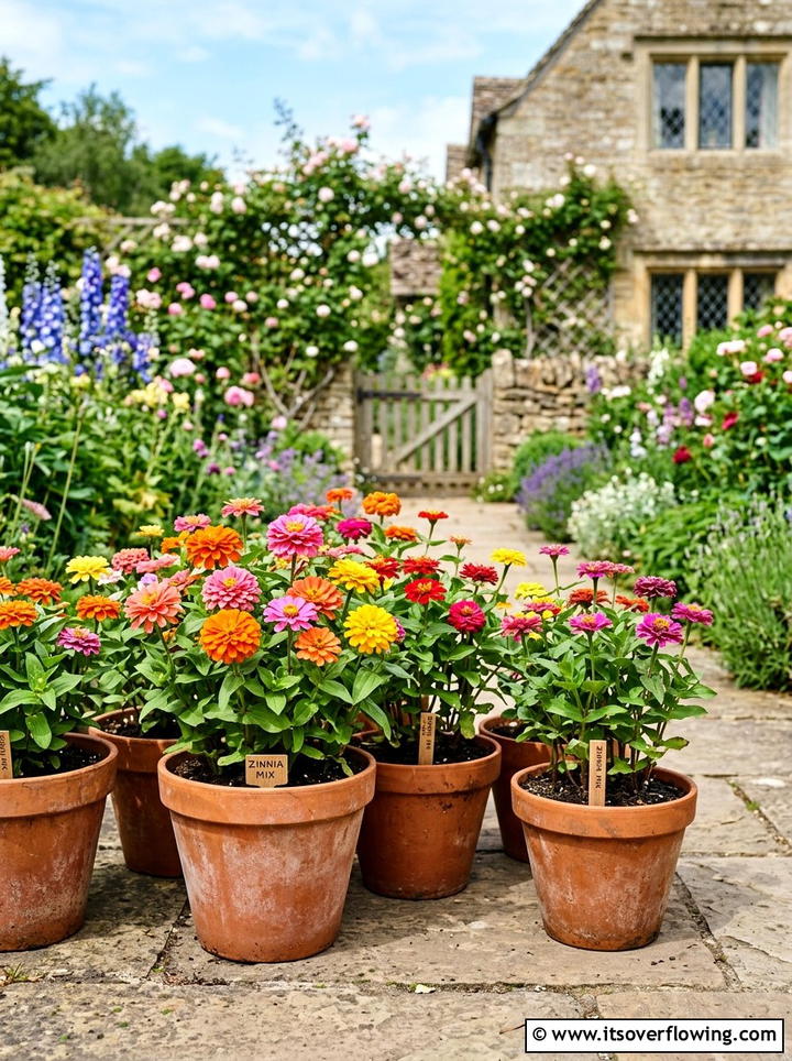 Zinnias in terracotta porch pots - 25 front porch ideas with sun loving plants